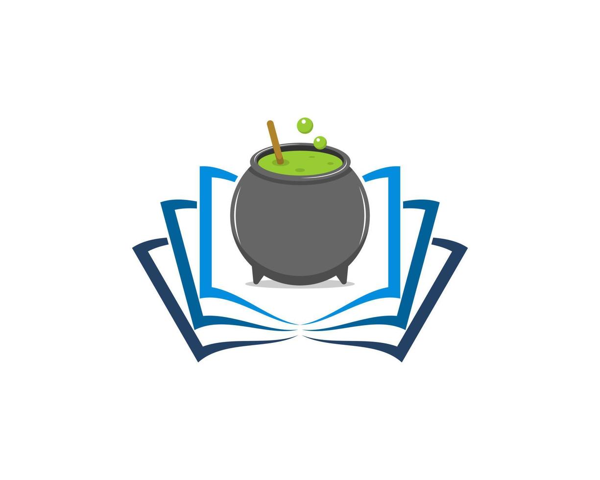 Open book pages with witch pot illustration logo vector