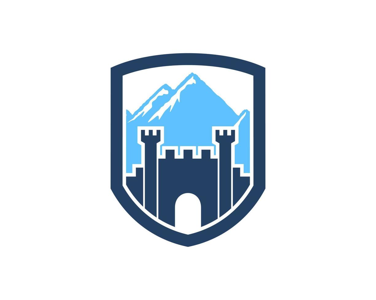 Simple shield with fortress and mountain behind vector