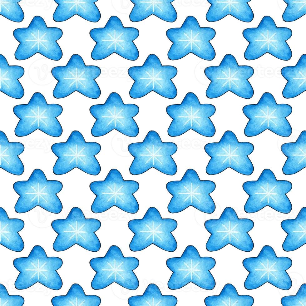 Watercolor illustration pattern of blue celestial bodies. Seamless repeating background with hand drawn stars. Template for a space banner or poster. Elements of cosmonautics. Isolated over white photo