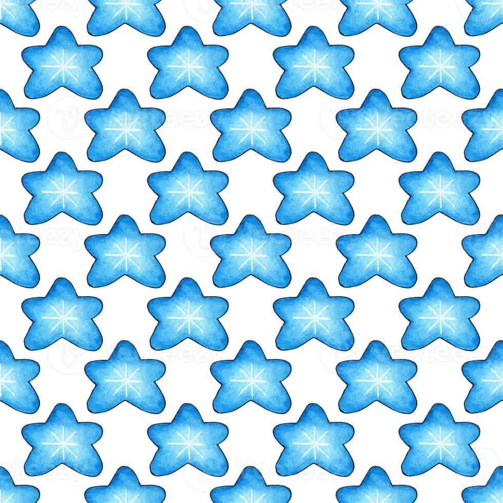 Watercolor illustration pattern of blue celestial bodies. Seamless repeating background with hand drawn stars. Template for a space banner or poster. Elements of cosmonautics. Isolated over white photo