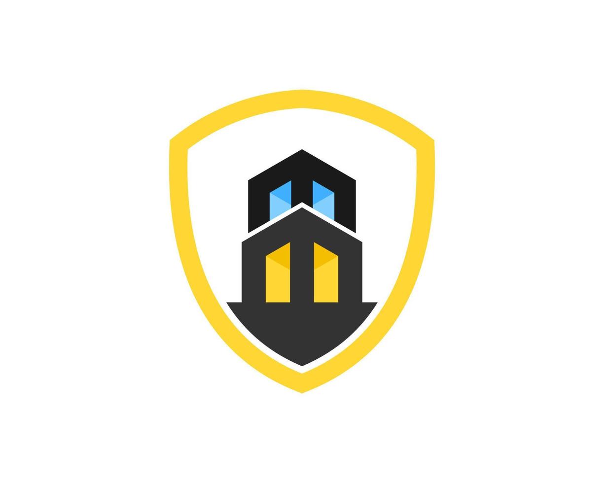 Simple shield with building and M letter initial inside vector