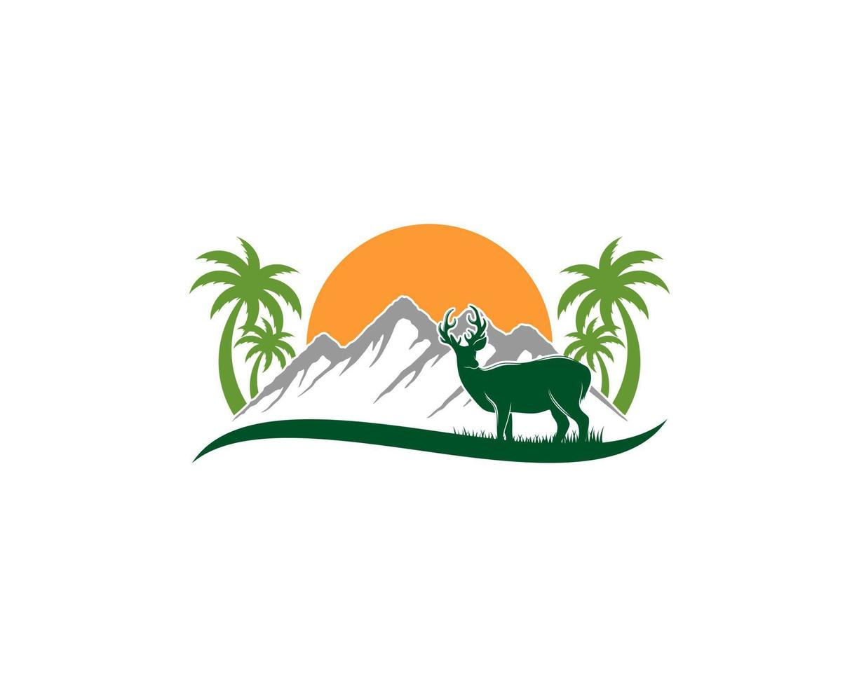 Deer on the mountain with sunset logo vector