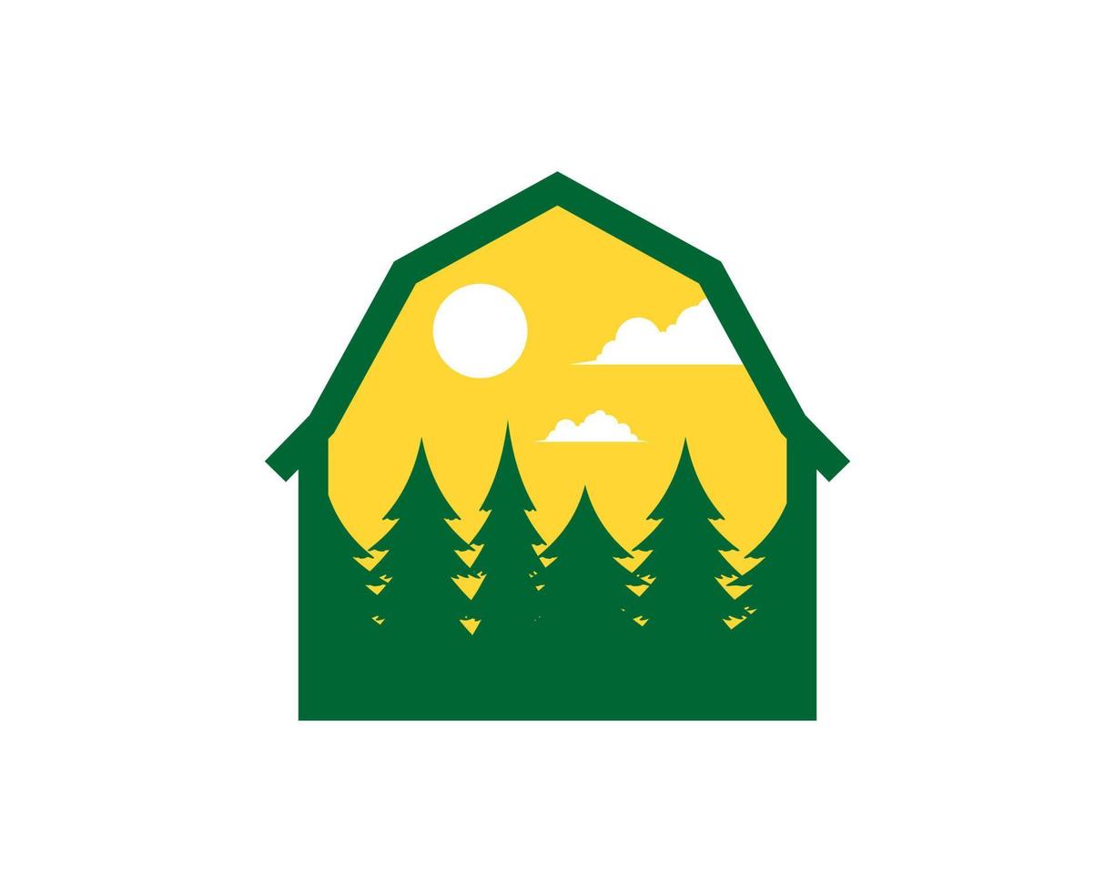 Simple barn with pine forest and sun inside vector
