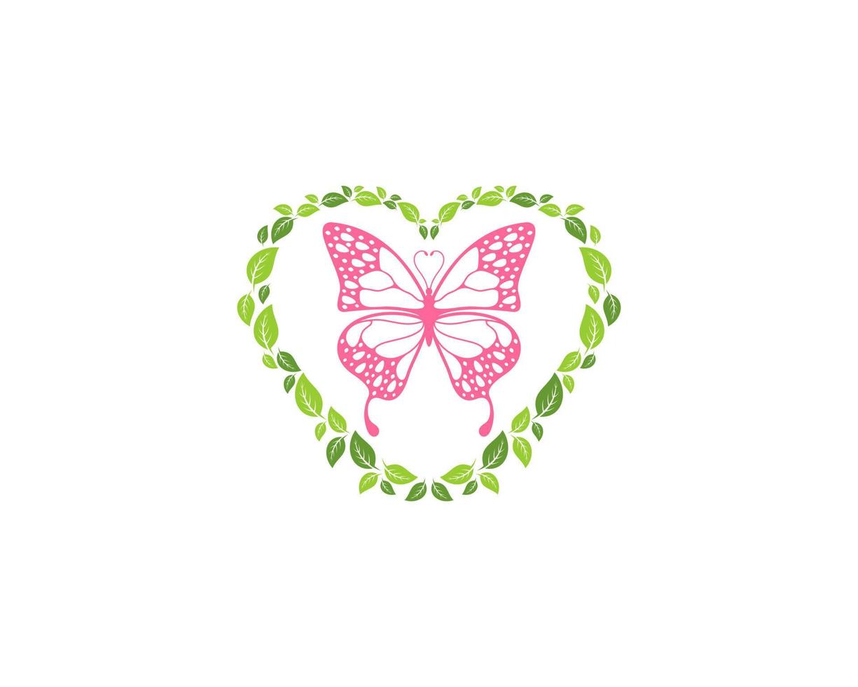 amor de hoja con mariposa voladora dentro vector