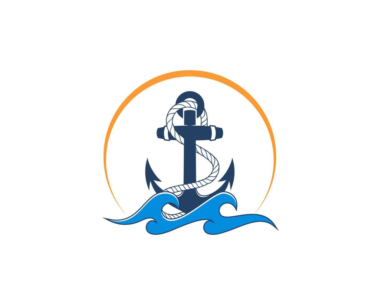 Anchor on the sea wave illustration logo vector