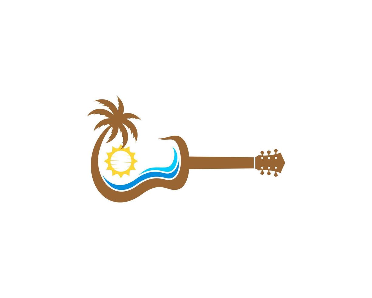 logo de guitarra y palmera en paisaje de playa vector