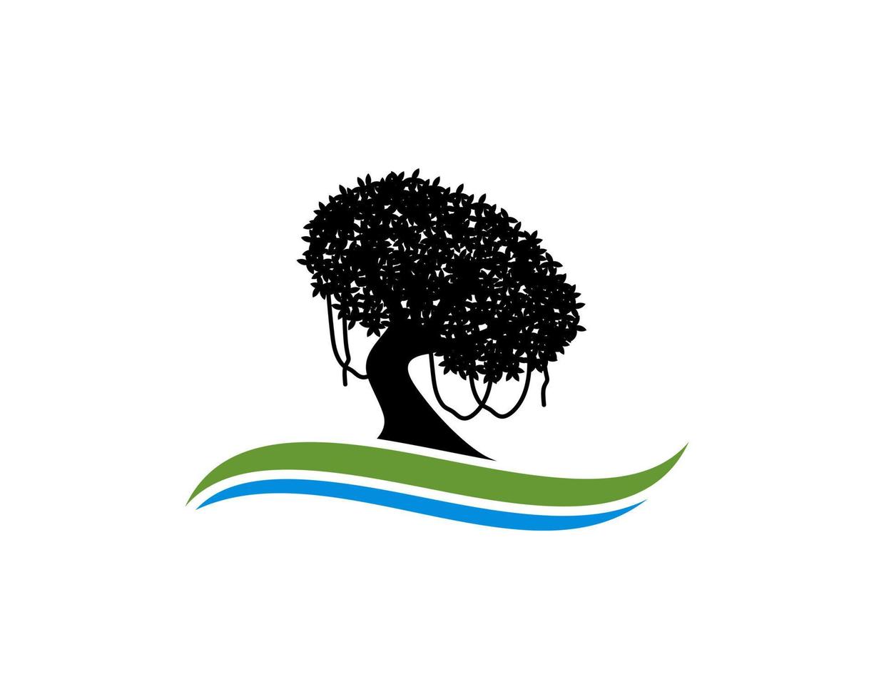 Dense oak tree on the wave logo vector