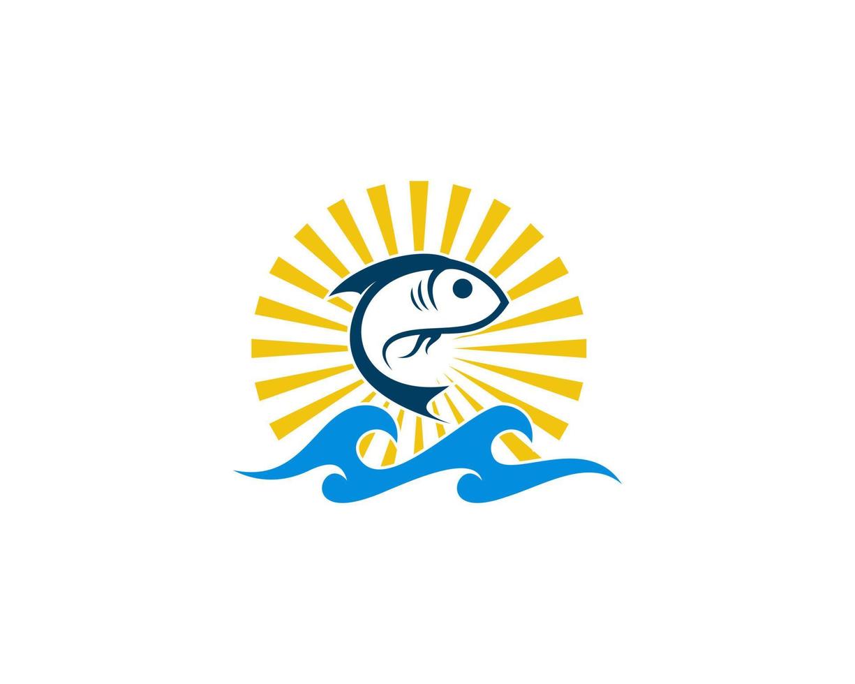 Jumping fish on the sea waves logo vector
