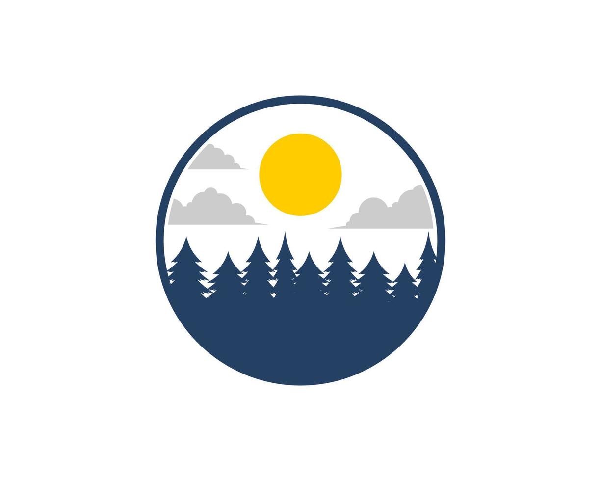 Circle shape with pine forest and sun vector
