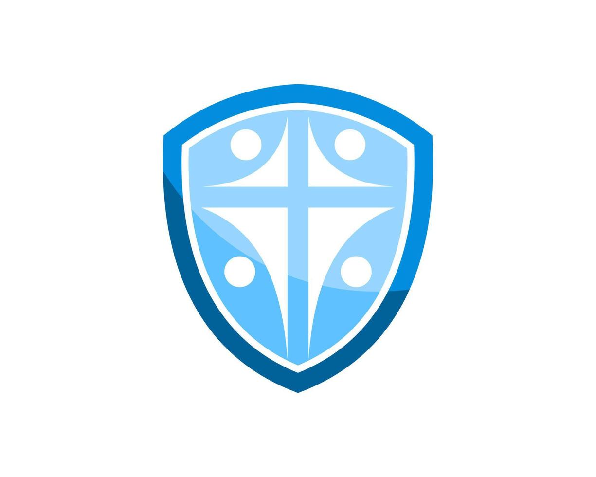 Shield with group of people and religion cross symbol inside vector