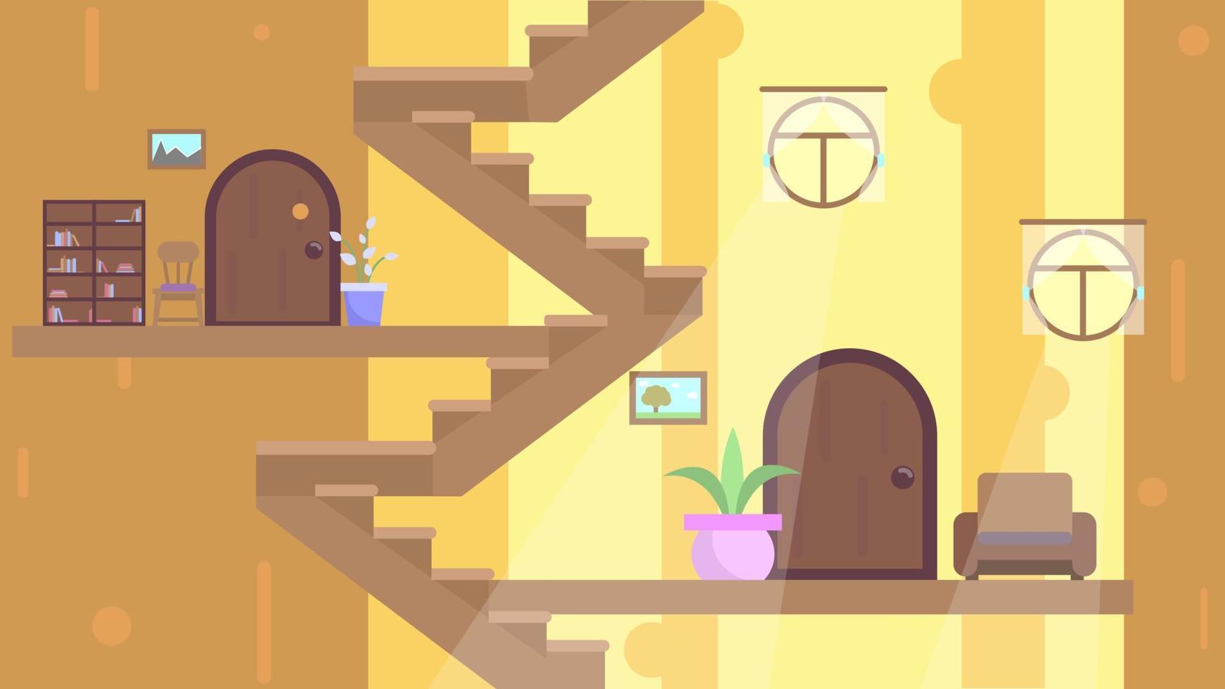 interior dentro de una casa de madera con escaleras, puertas, mesa y pinturas vector