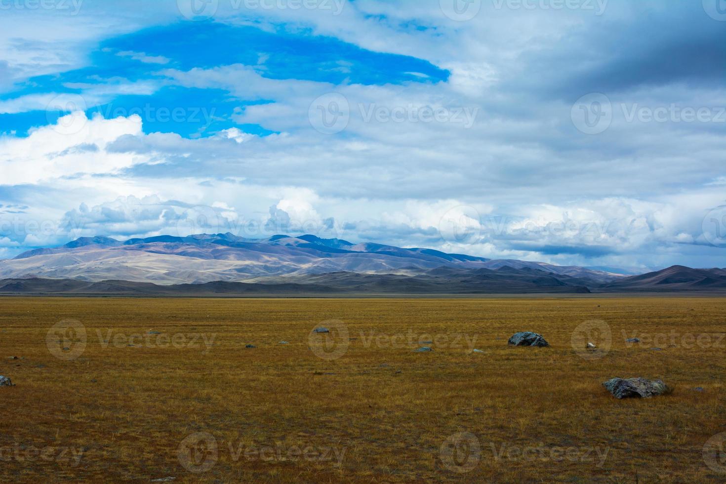 Bright steppe landscape with a piece of rock photo