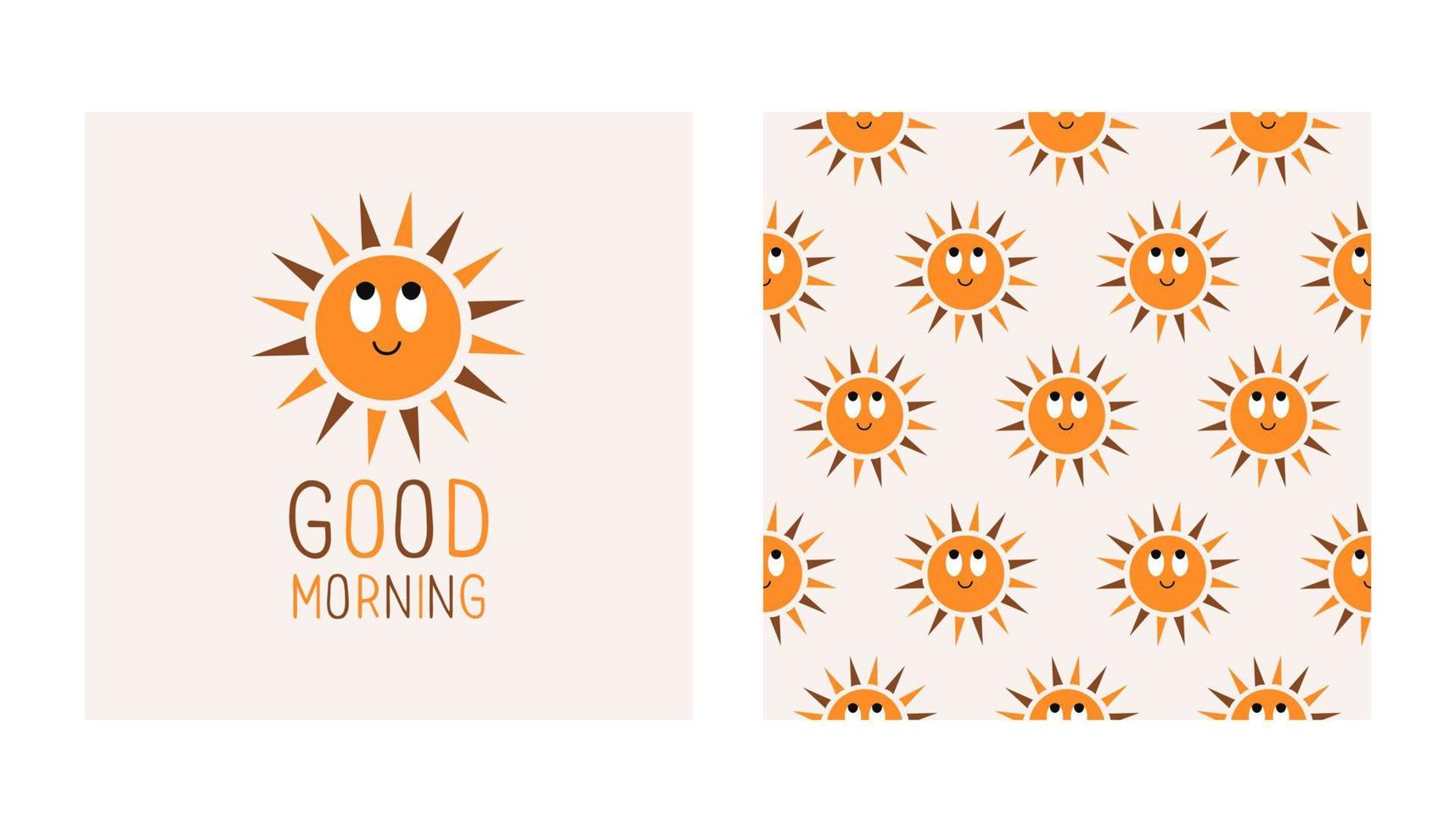 lindo sol con inscripción buenos días y patrones sin fisuras sobre fondo pastel. ilustración vectorial mínima moderna para papel tapiz, diseño de telas, dormitorio infantil vector