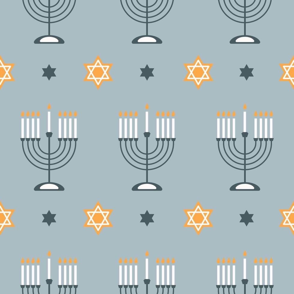 Happy Hanukkah seamless pattern with creative symbols on blue background. Modern festive design for wallpaper, wrapping paper, fabric, banner. Vector illustration