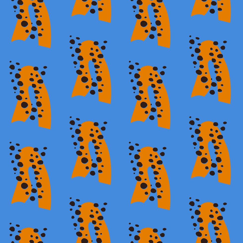 Trendy abstract minimal seamless pattern with hand drawn orange shapes and black dots on a bright blue background. Creative high contrast. Vector illustration