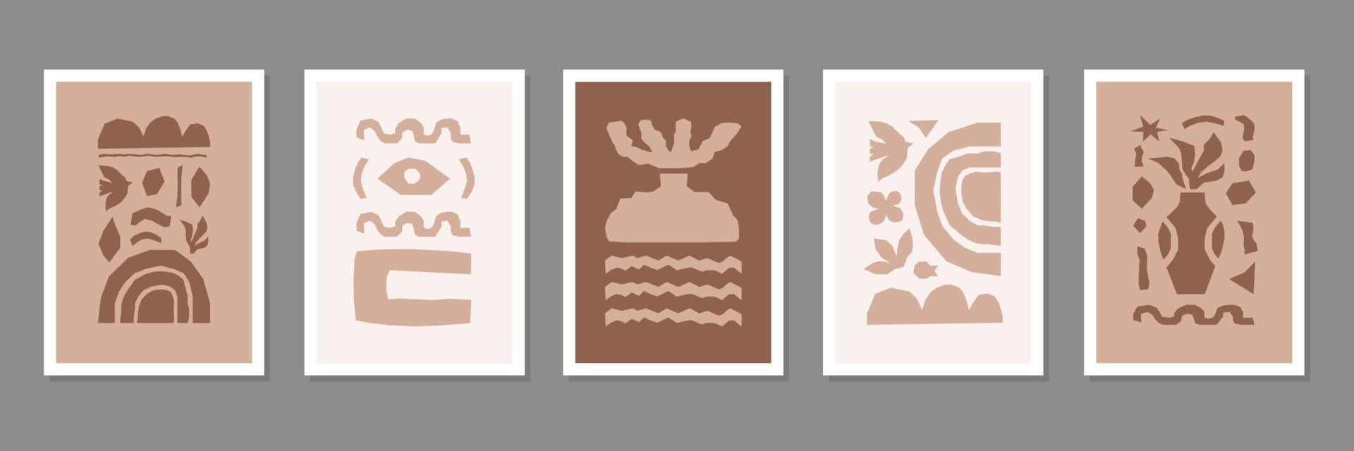 Inspired Matisse set posters with brown cutting organic shapes and objects. Modern creative minimal design. Vector illustration