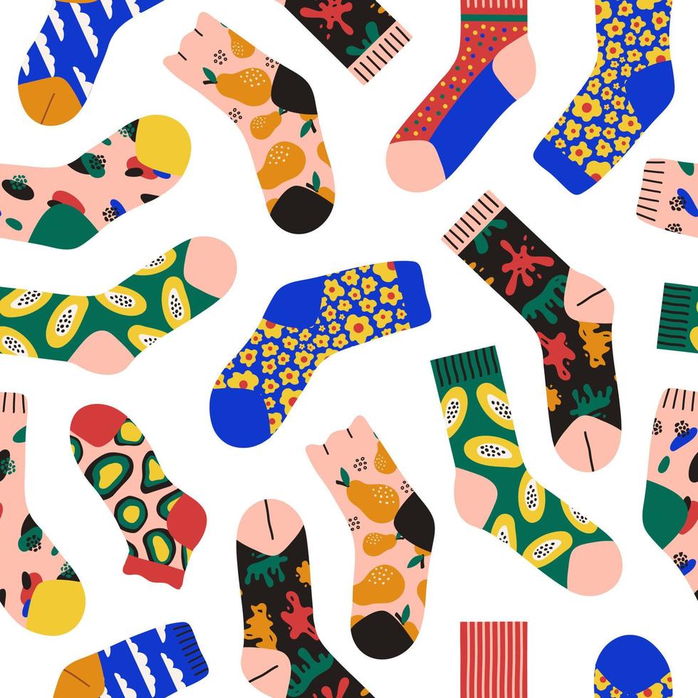 Trendy seamless pattern of colored bright socks isolated on white background. Socks with different abstract patterns. Vector cartoon illustration
