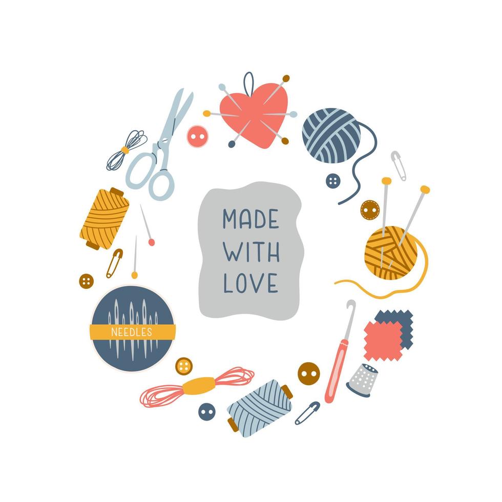 Made with love text in round frame with hand drawn tools needlework isolated on white background. Trendy vector illustration