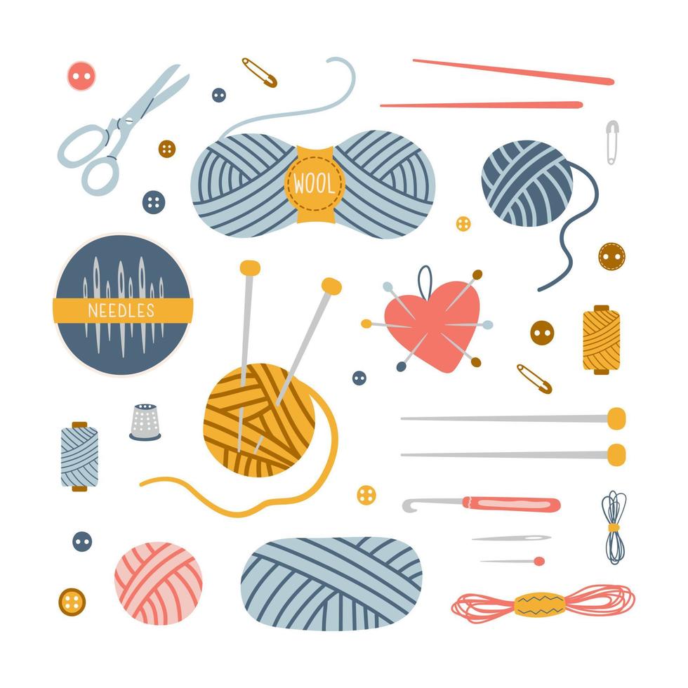 Colorful set of sewing threads, skeins of woolen yarn and tools for needlework. Trendy hand drawn vector illustration. All objects are isolated