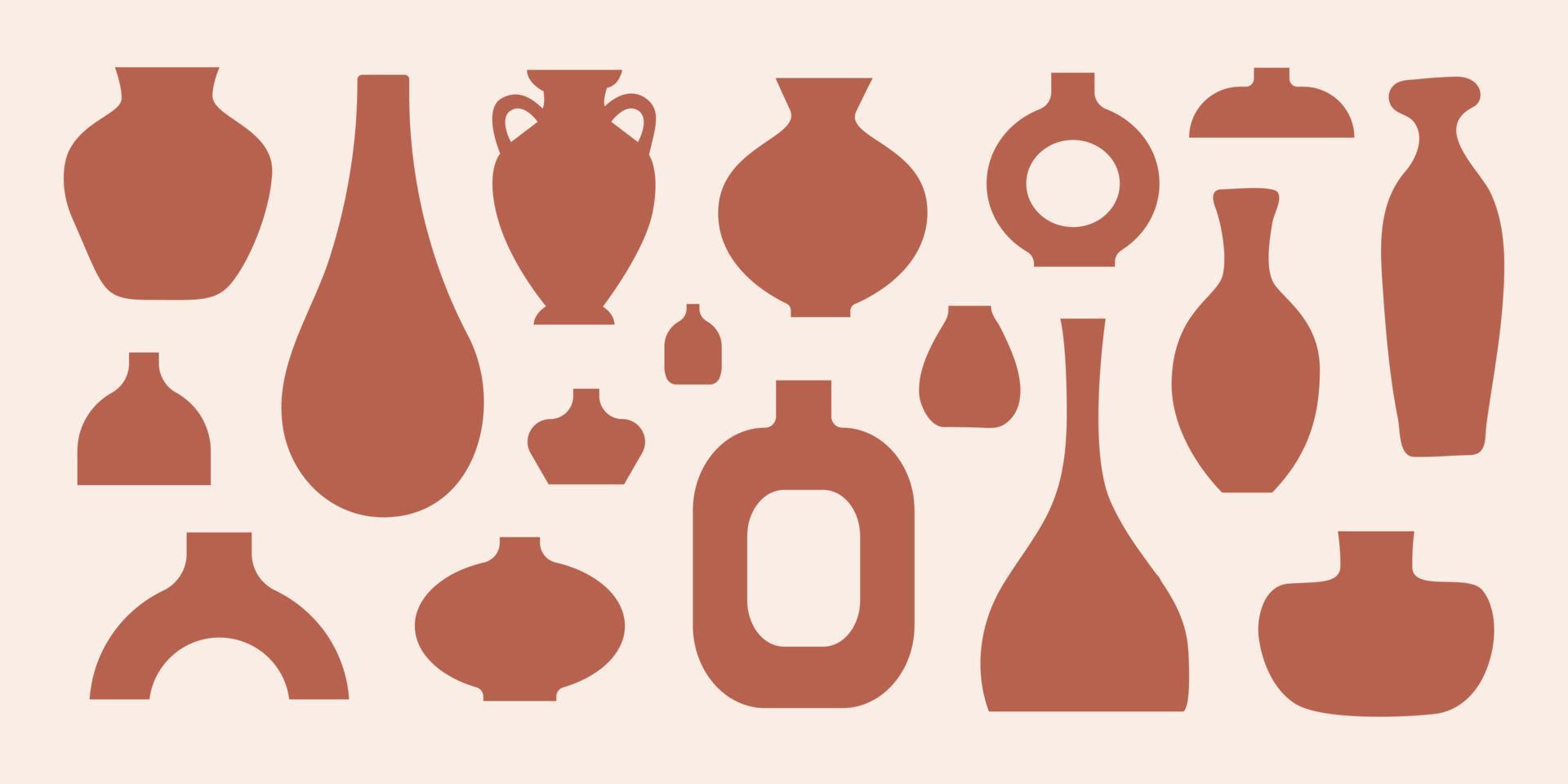 Modern collection ceramic vases, pots and jugs in silhouette. Minimalist antique ceramic pottery for interior. Vector illustration