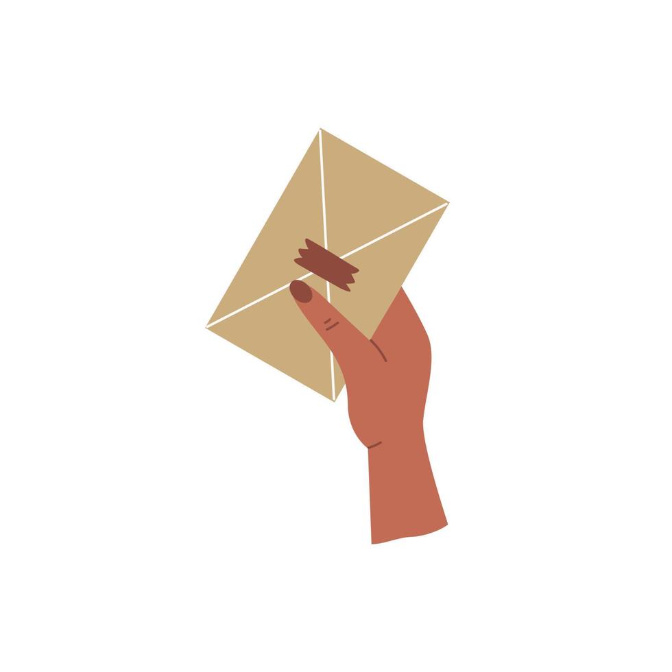 la mano femenina sostiene un sobre kraft cerrado con una carta aislada en el fondo blanco. ilustración dibujada a mano de moda para banner, tarjeta de felicitación y diseño de papelería. ilustración vectorial vector