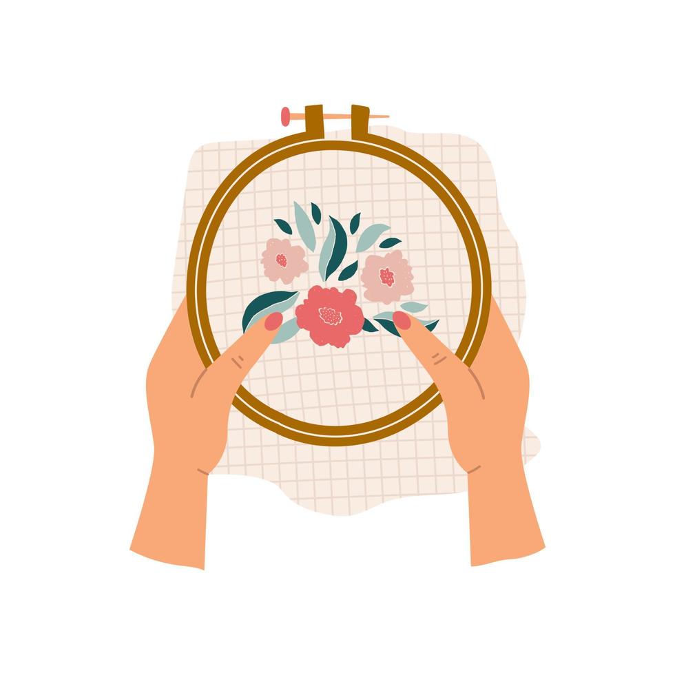 Female hands holding embroidery hoop with floral embroidery isolated on white background. Modern colorful vector hand drawn illustration