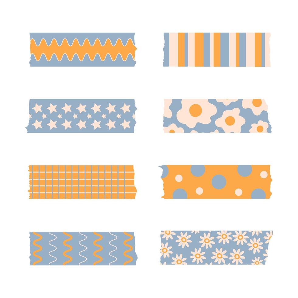 conjunto moderno de cinta washi con estilo pastel aislada en un fondo blanco. rayas vectoriales y trozos de papel de conducto o whisky con diferente impresión vector