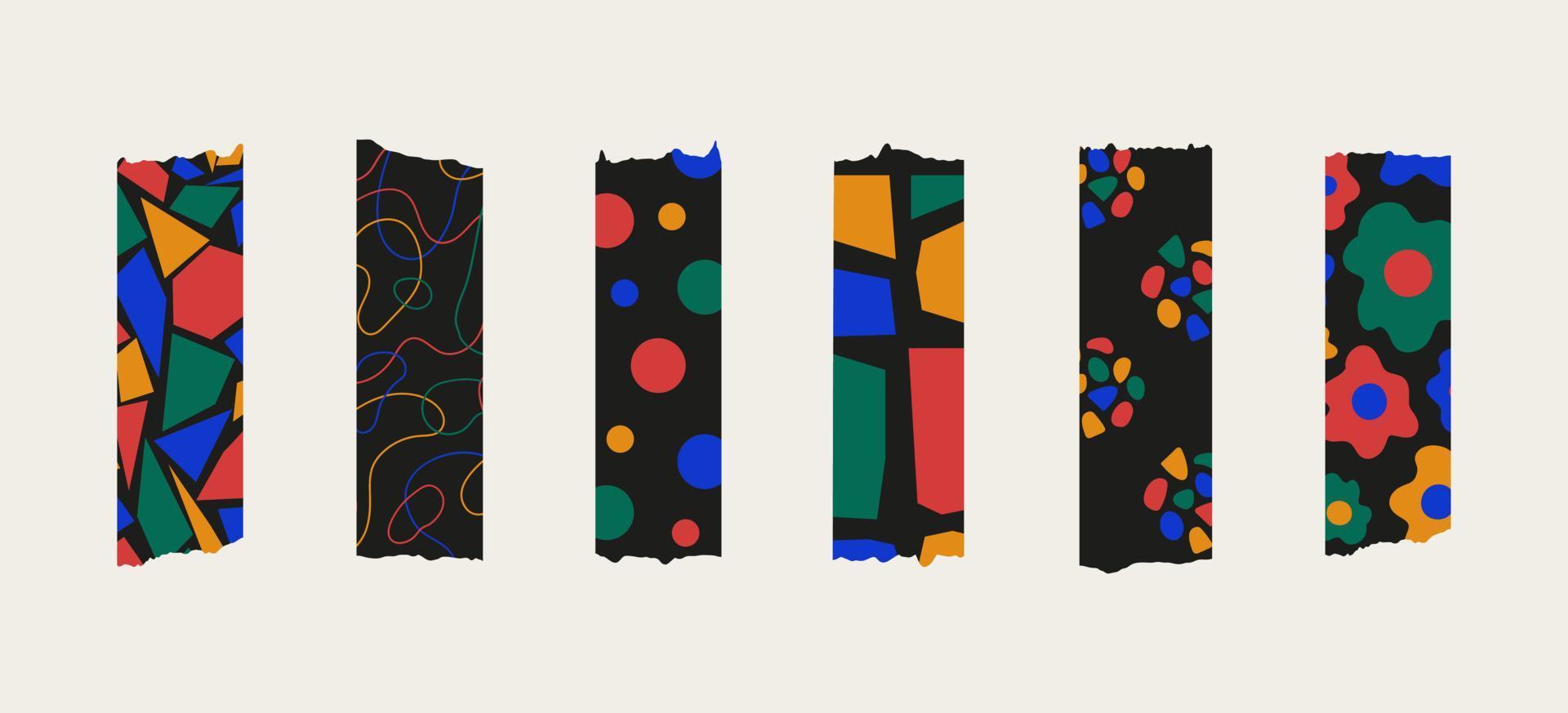 conjunto de moda de cinta washi con estilo de colores brillantes aislada sobre fondo pastel. rayas vectoriales y trozos de papel de conducto o escocés con diferentes impresiones abstractas vector