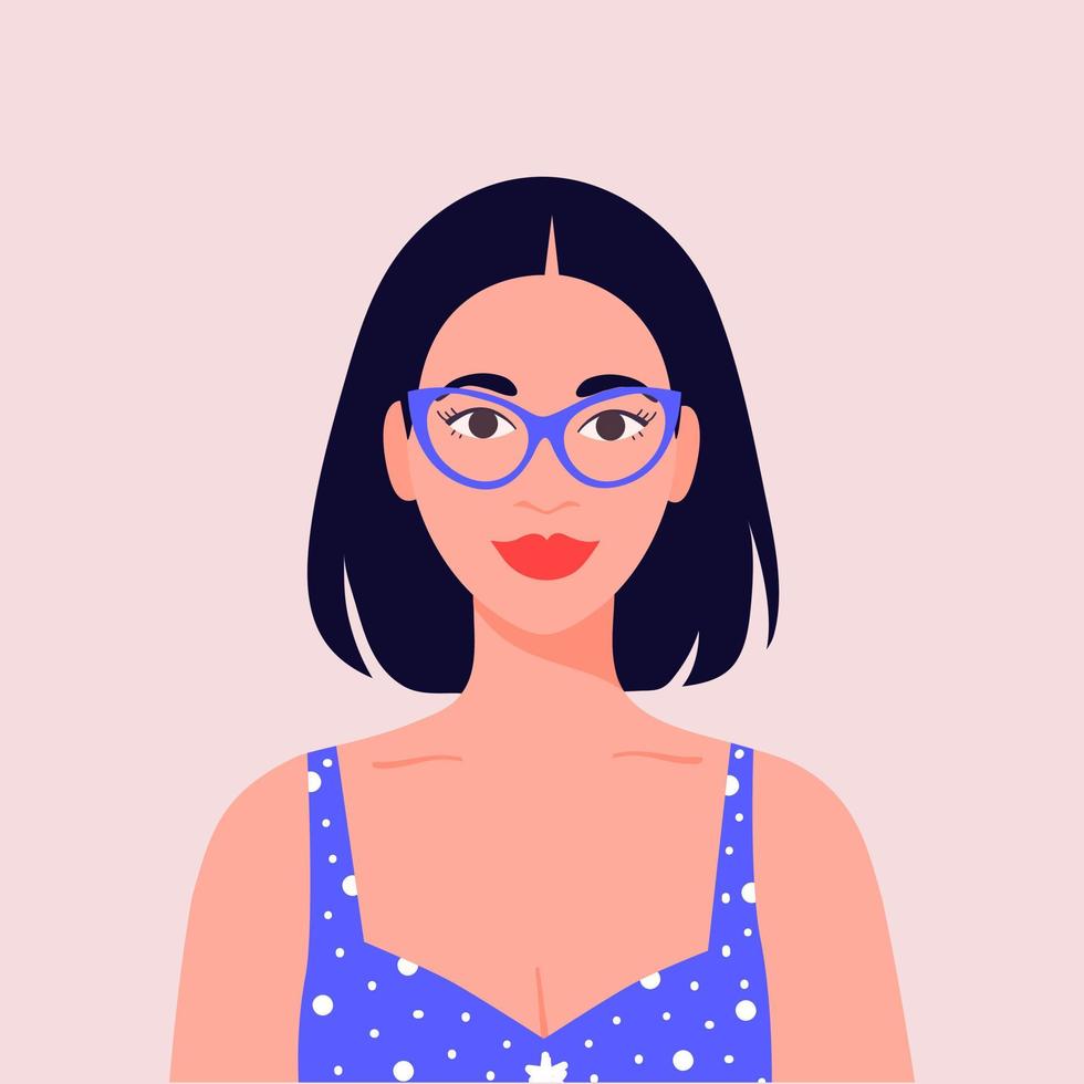 Stylish colorful portrait of a beautiful woman with glasses in front. Vector flat illustration