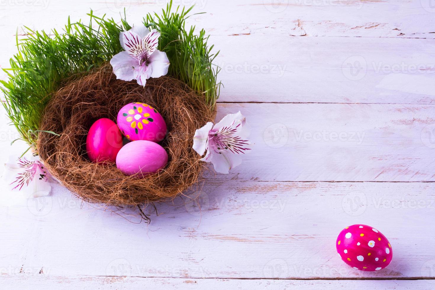 Easter eggs in a nest in grass photo