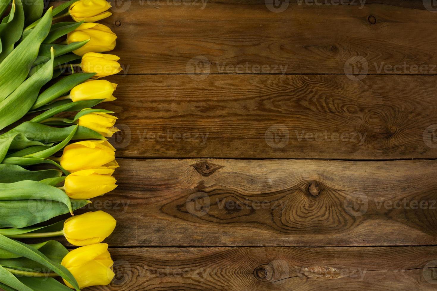 Yellow tulips bunch on wooden background photo