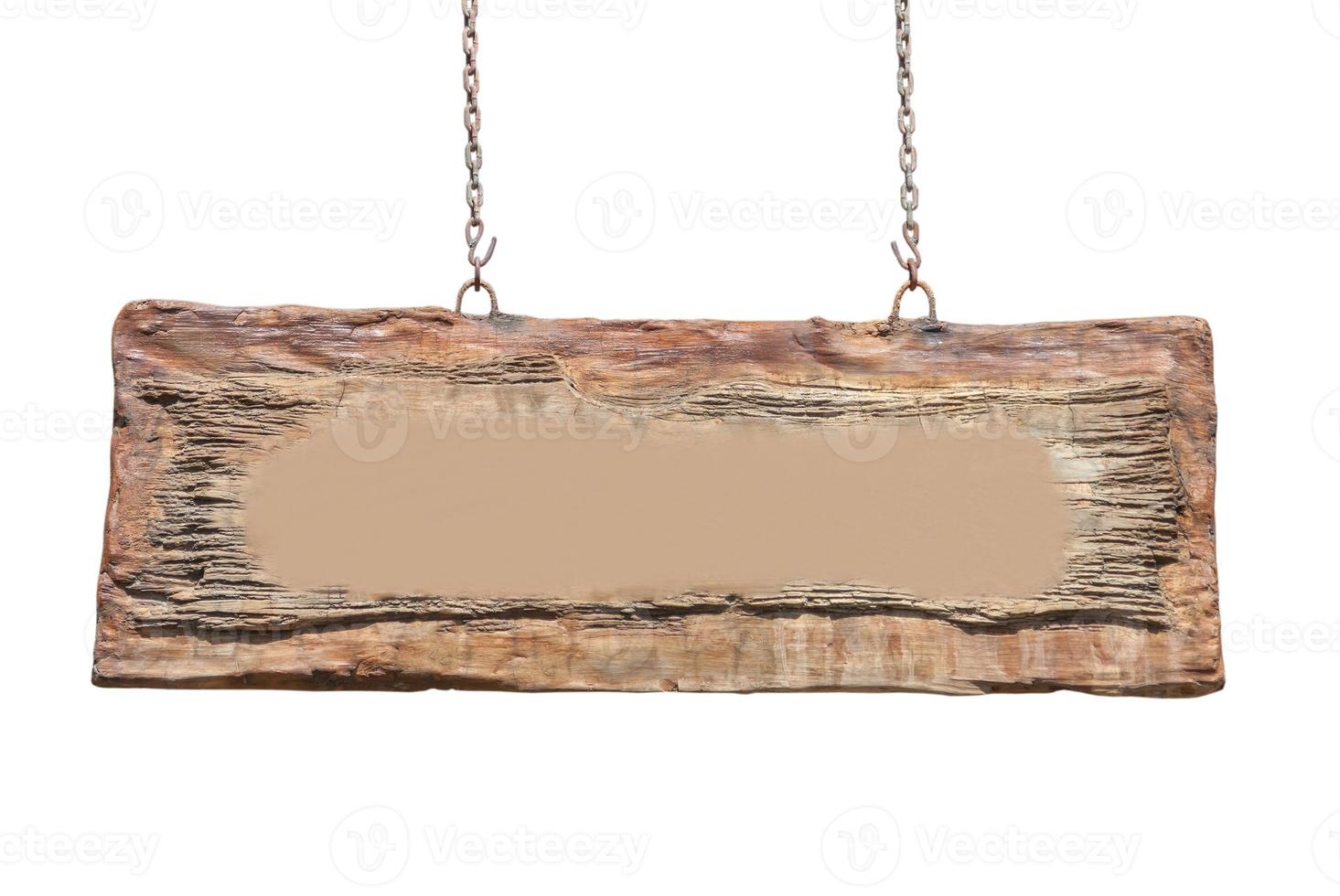 blank wooden sign hanging on a chain isolated on white photo