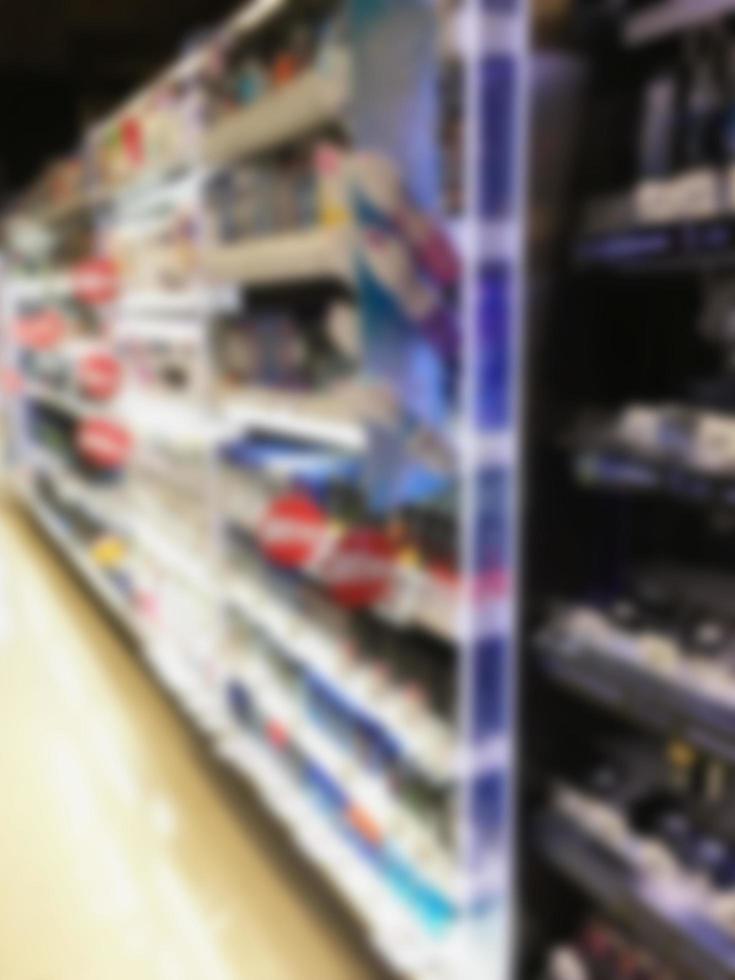 blurred beauty and cosmetics shelves in supermarket photo