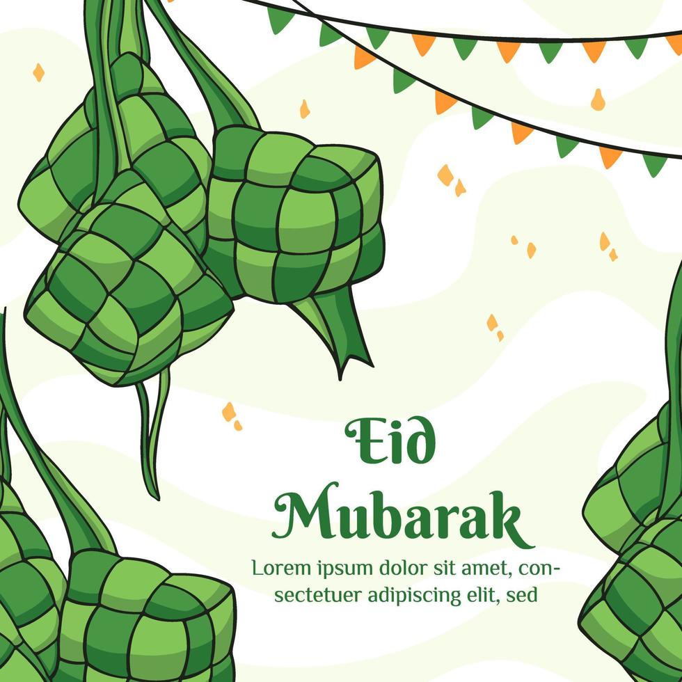 Eid  Mubarak Illustration With Ketupat Concept. Hand Drawn And Flat Style vector