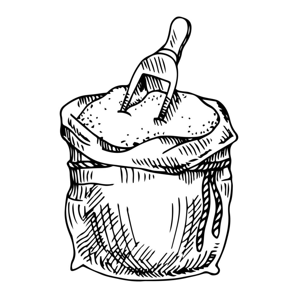 Sack of whole flour or sugar with scoop. Hand drawn sketch style. Vintage black vector engraving illustration for label, web, flayer bakery shop. Isolated on white background.