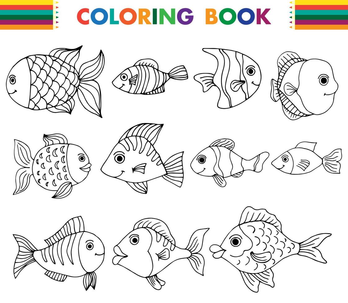 un conjunto de lindos peces para colorear. ilustración vectorial vector