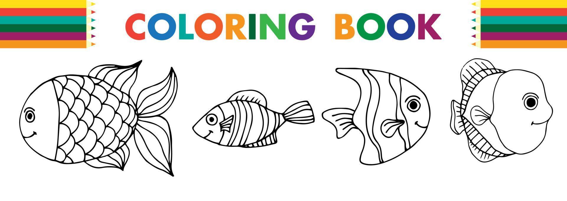 Coloring book various fishes black vector