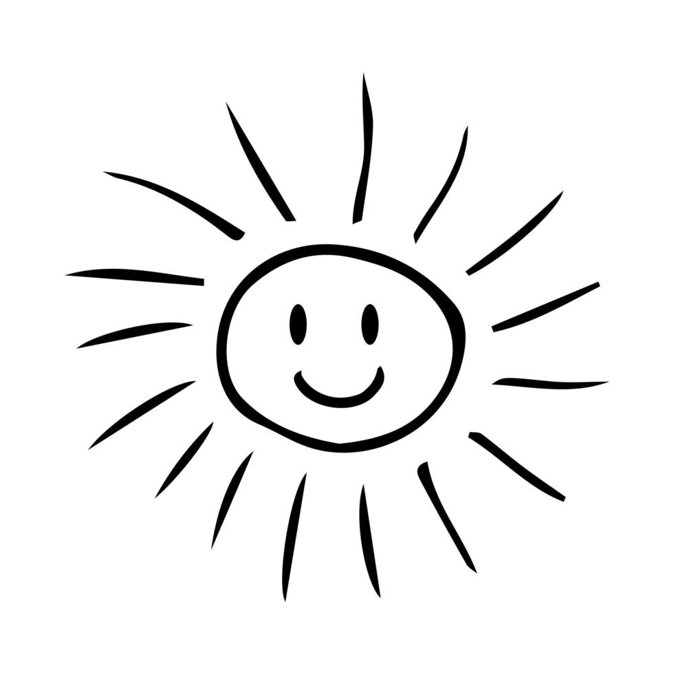 Cute cartoon hand drawing sun. Sweet vector black and white drawing of the sun. Isolated monochrome doodle sun pattern on white background.