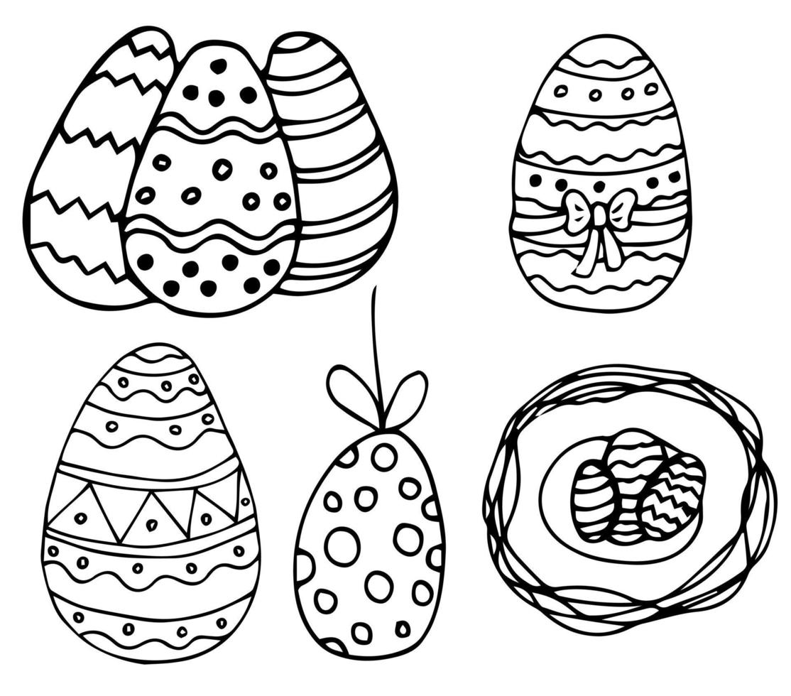 conjunto de huevos de pascua en estilo garabato. feliz pascua dibujado a mano aislado sobre fondo blanco. vector