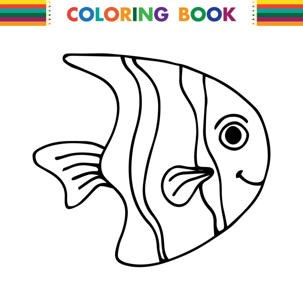 Hand drawn doodle fish . Underwater animal. Childish funny cartoon picture. Simple element with thick black stroke. Vector illustration isolated on white background.