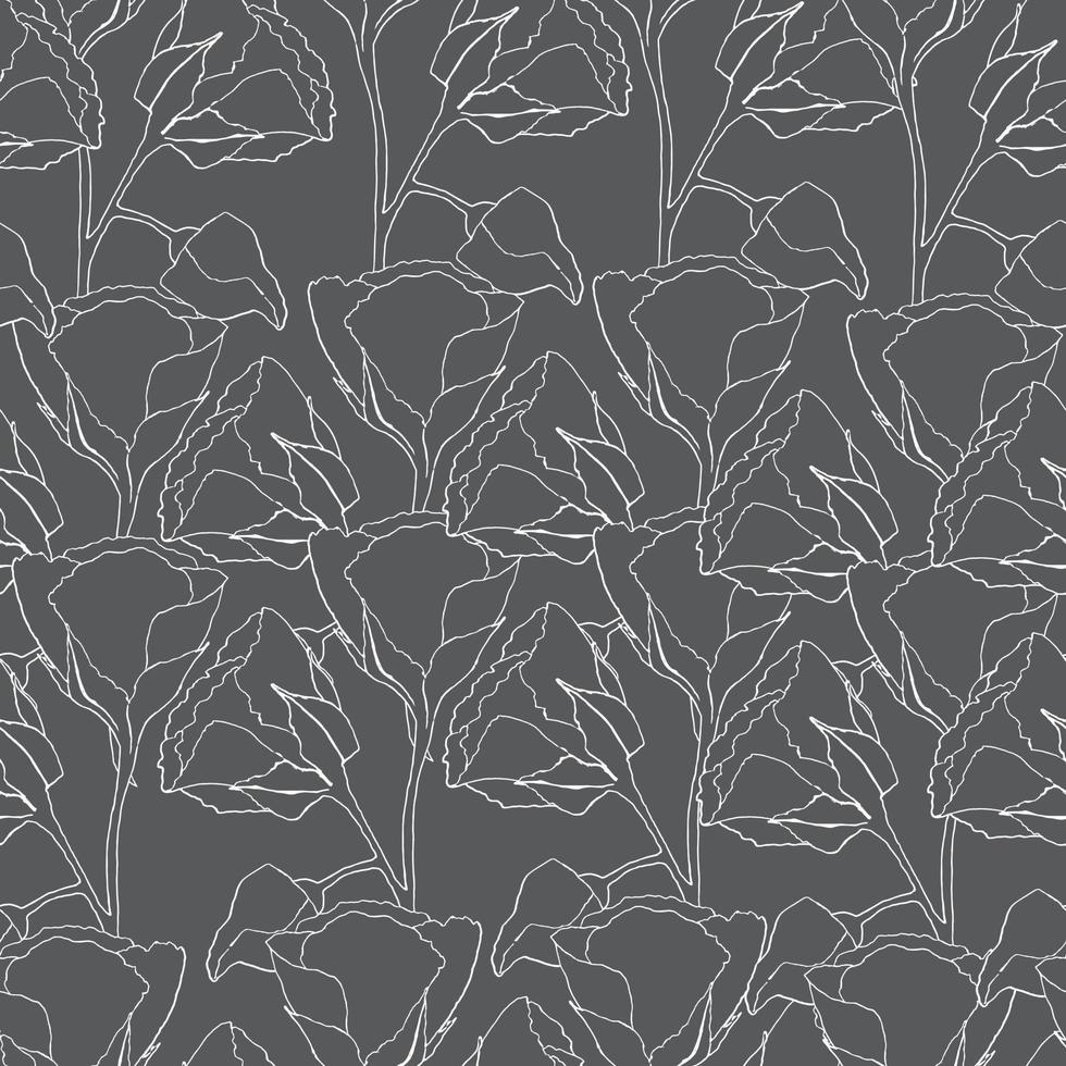 Vector seamless pattern with white outline silhouettes of flowers. Isolated on gray backgroundVector seamless pattern with white outline silhouettes of flowers. Isolated on gray background