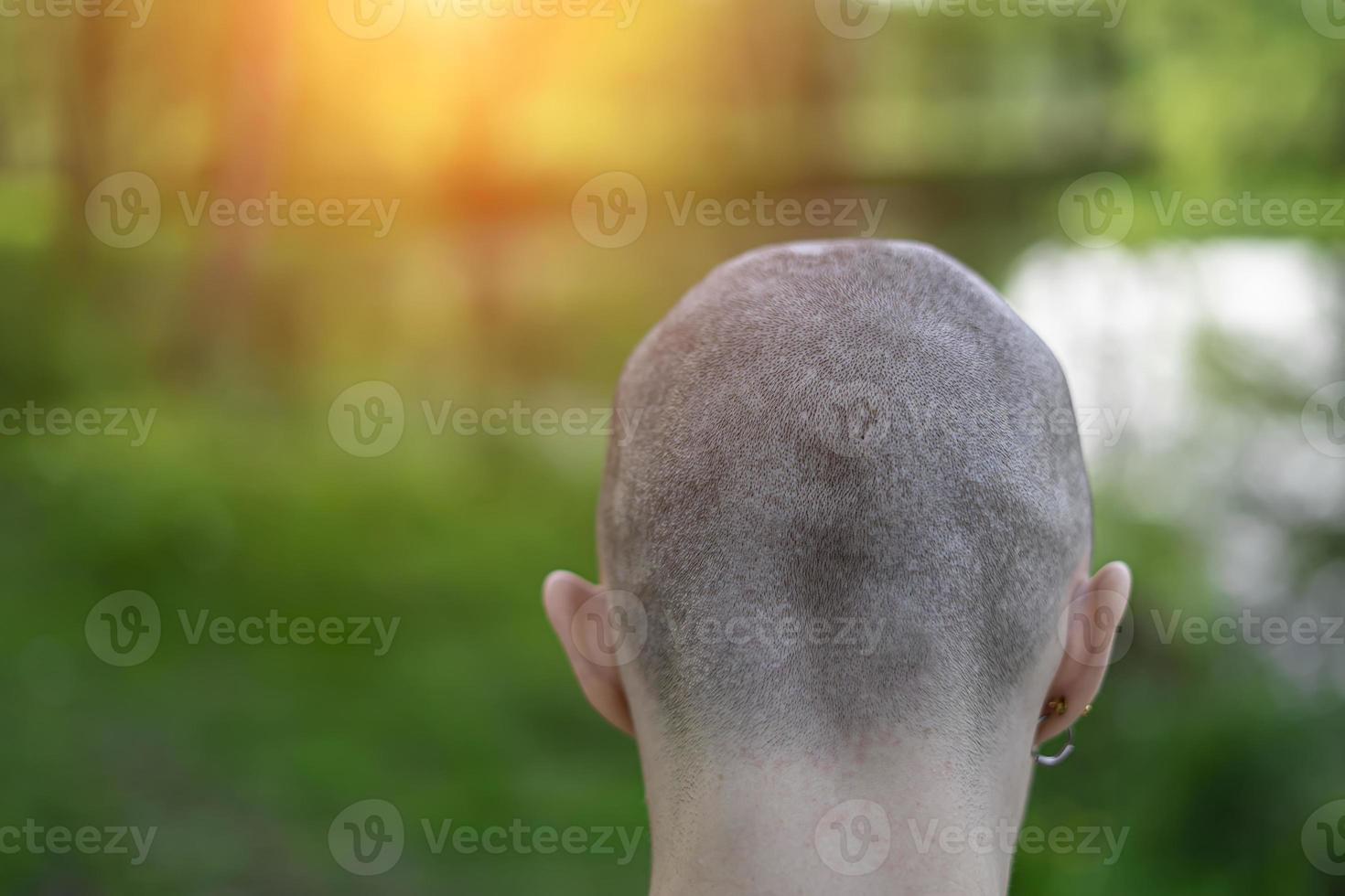 bald female head rear view on a green background photo