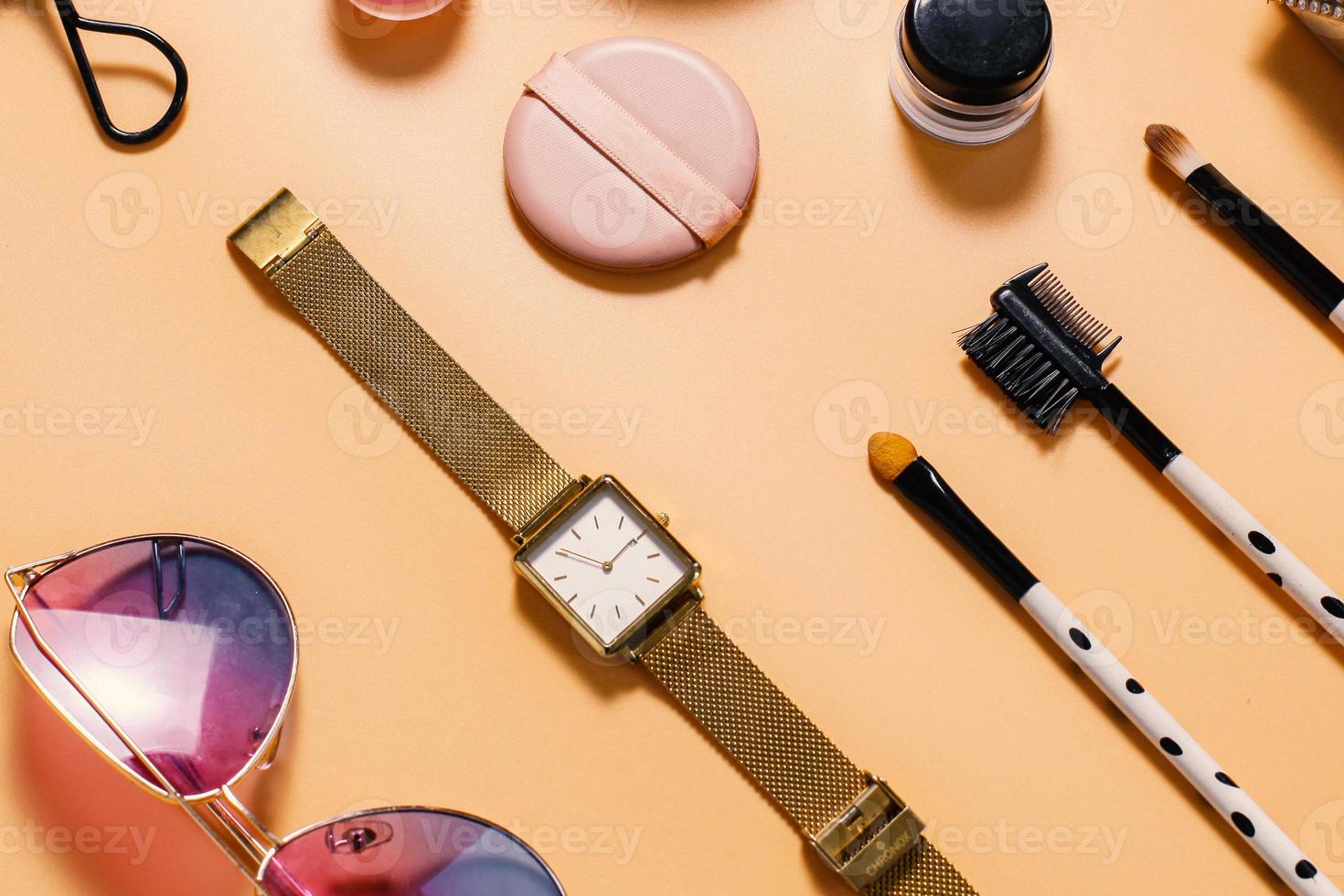 Creative flat lay composition of woman fashion and beauty accessories photo