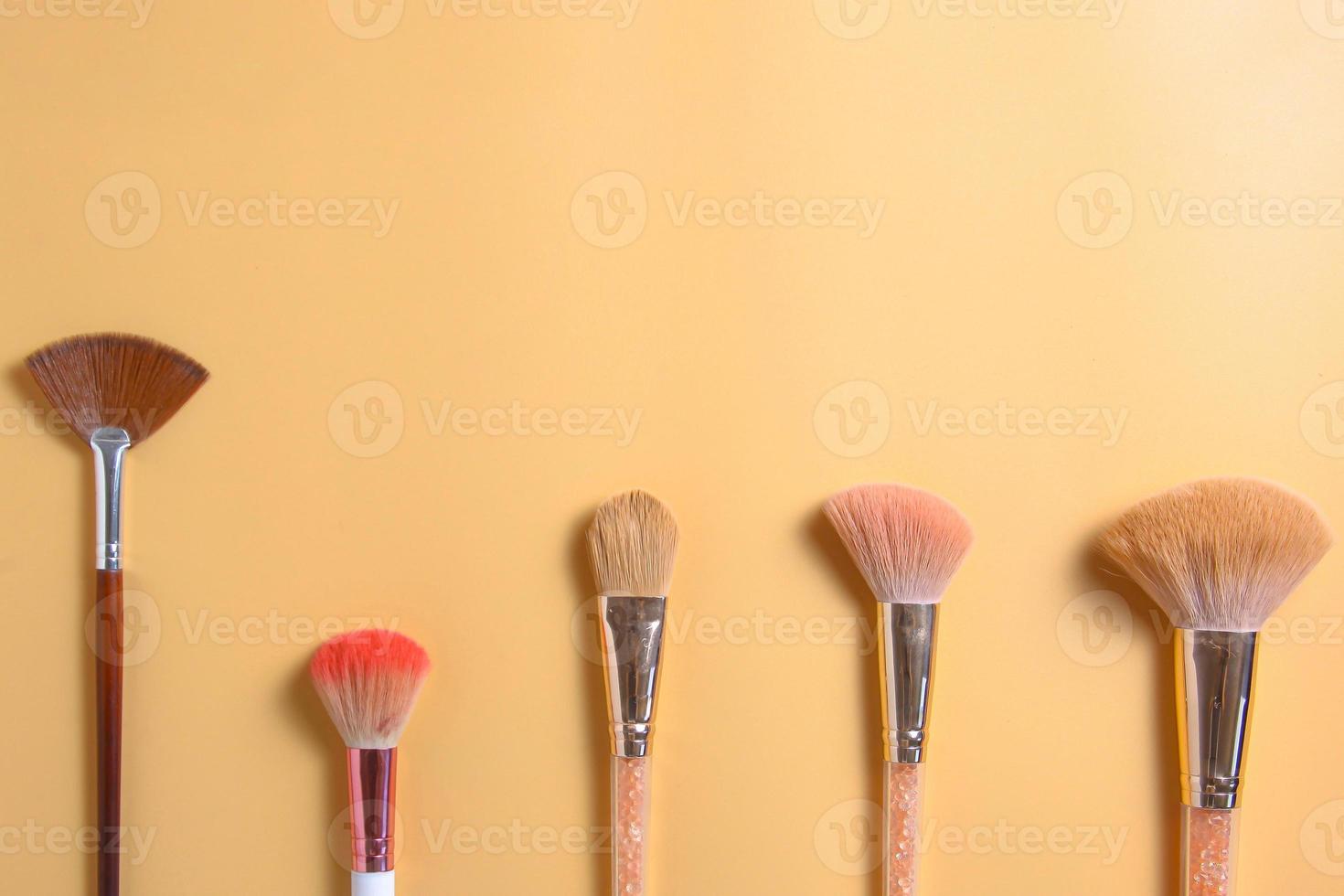 Flat Lay Of Various Make Up Brush With Copy Space photo