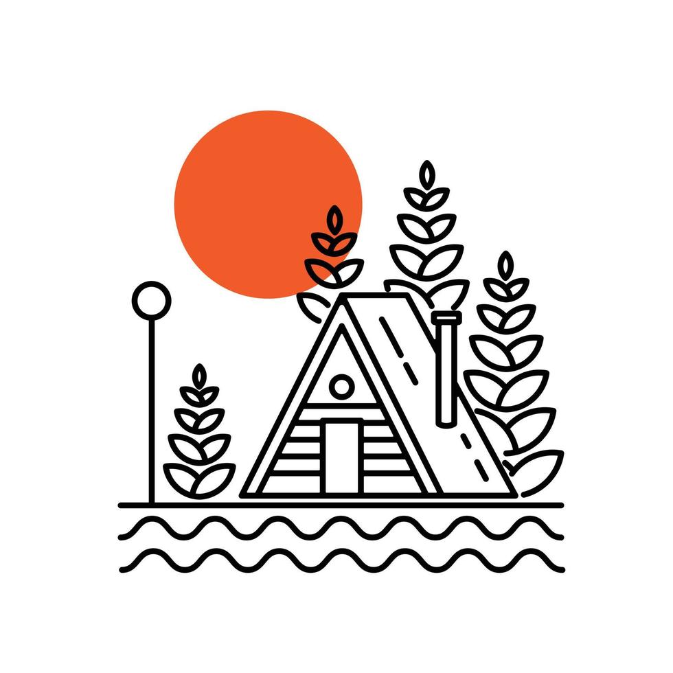Vector illustration of cottage in mono line style for badge, emblem, patch, t-shirt, etc.