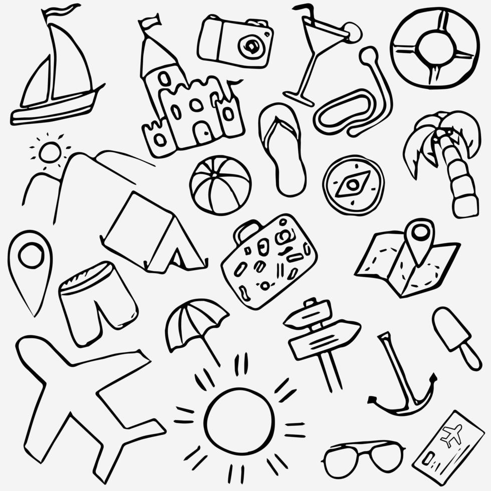 iconos de viajes de verano. viaje vacaciones conjunto de iconos, viaje y fondo de viaje... iconos de viaje sobre fondo blanco vector