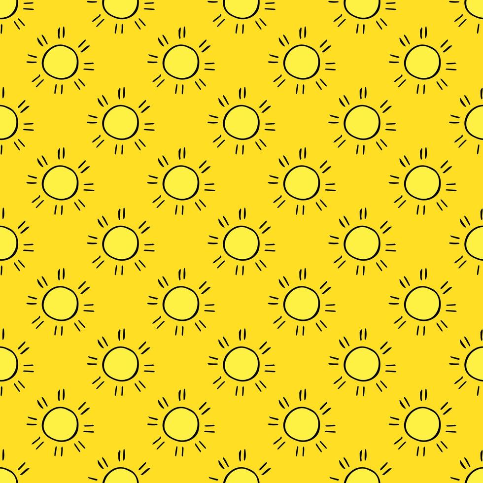 Seamless pattern with sun icons. Doodle sun icons on yellow background. Doodle summer icons. Summer seamless pattern. Vacation vector pattern