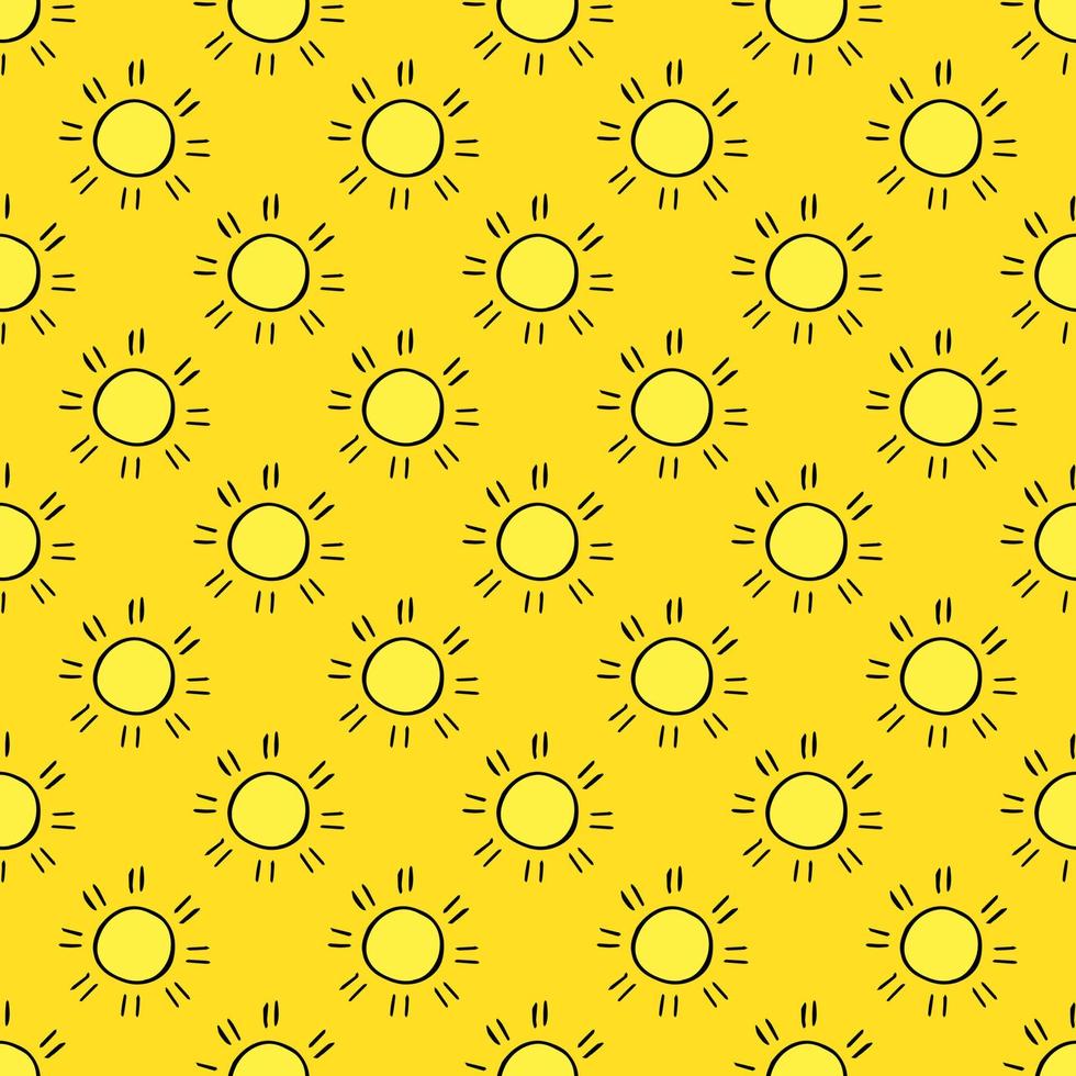 patrón sin costuras con iconos de sol. garabatear iconos de sol sobre fondo amarillo. garabatear iconos de verano. patrón sin costuras de verano. patrón de vector de vacaciones