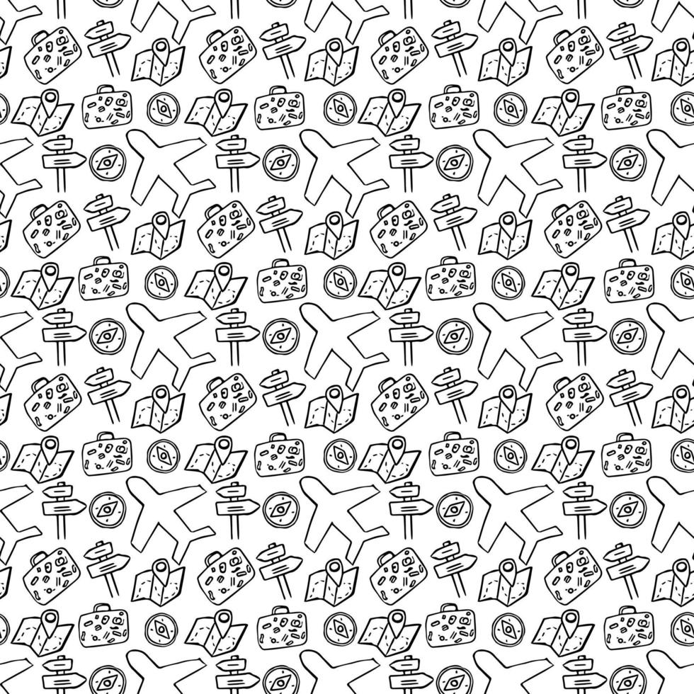 Travel vacation set of icons, journey and trip background. Doodle summer travel icons. Summer seamless pattern. travel icons on white background. Vacation vector pattern with travel icons