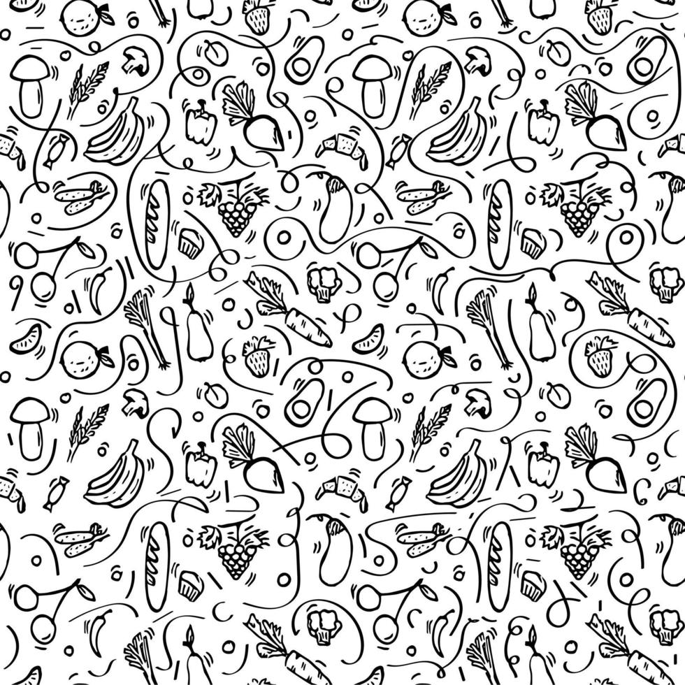 seamless vegetarian food pattern.Doodle vector with vegetarian food icons on white background.Vintage food icons,sweet elements background for menu, cafe shop